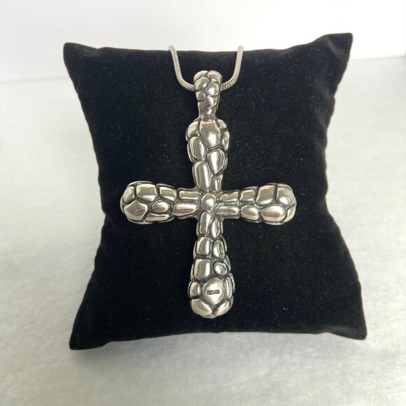 Sterling Silver 925 RB Chunky Pebbled Dot Pattern Cross Pendant Necklace 24" - Picture 8 of 16